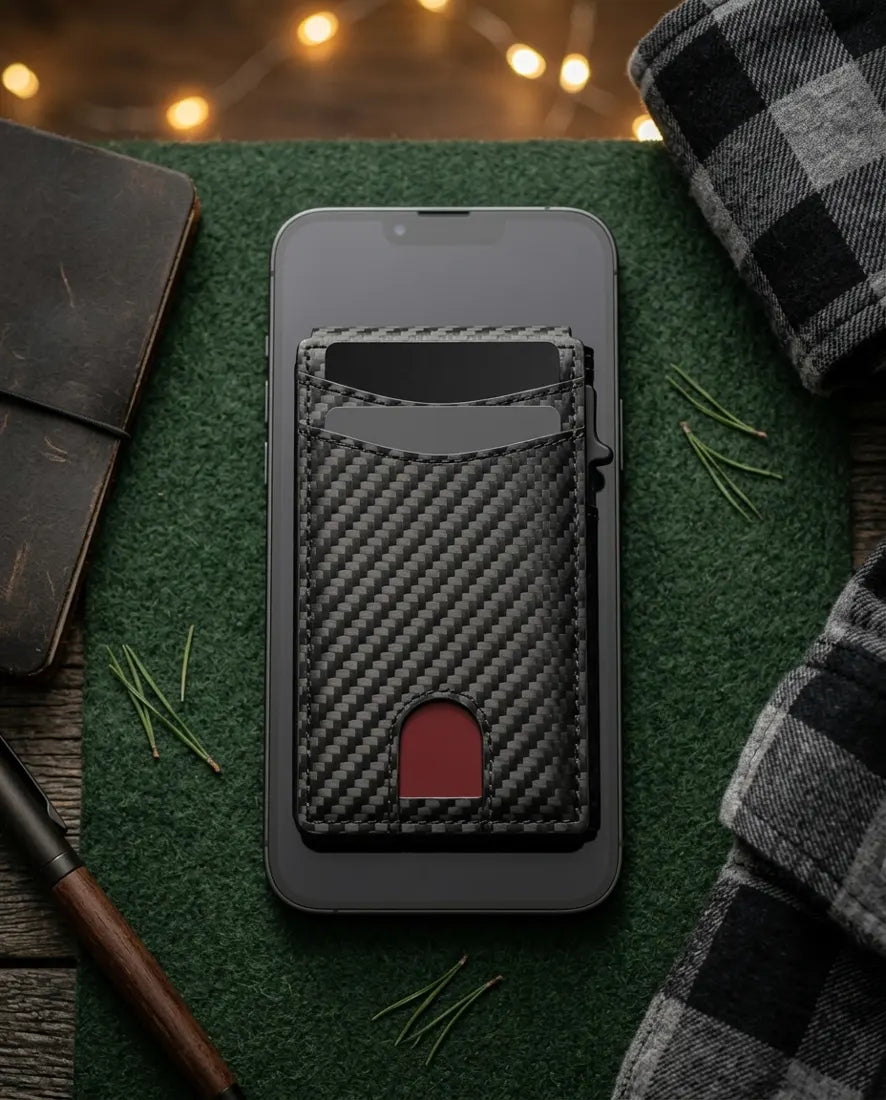 The wallet on top of a phone, smaller than the phone