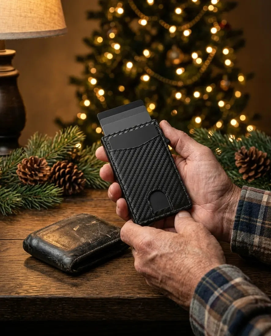 Dad holding the new wallet next to his old one